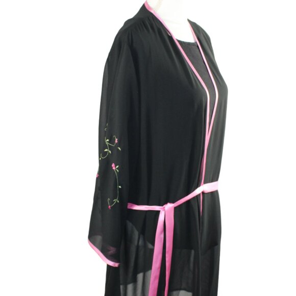 Oscar de la Renta Pink Label Black Sheer Pink Floral Accent Kimono Robe,… - Picture 5 of 9